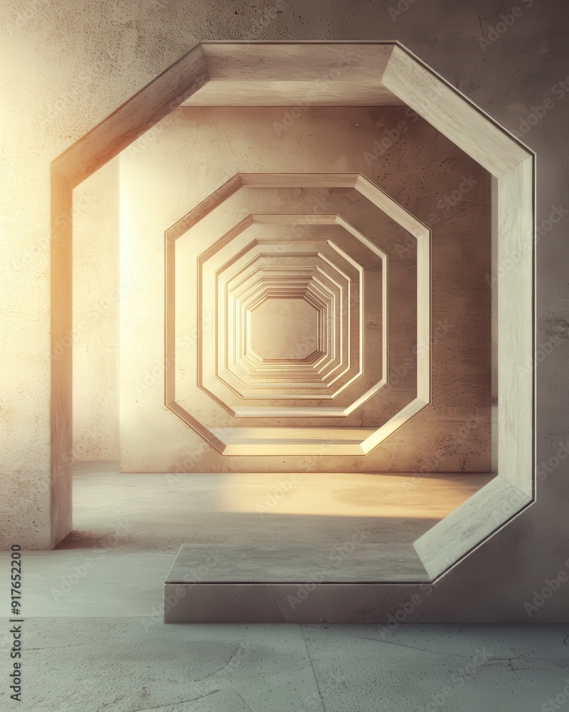 Wall mural a stunning geometric interior showcasing octagonal shapes with warm light, creating depth and perspe