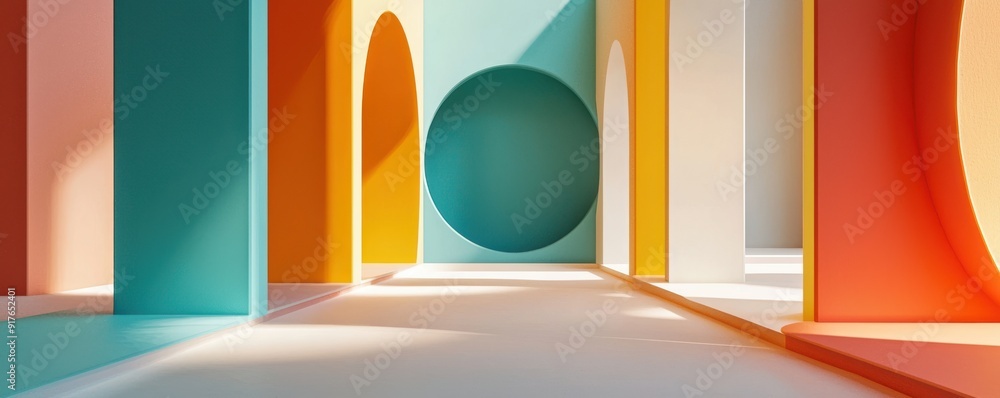 Poster a vibrant abstract interior with colorful arches and a large spherical element, creating a dynamic a
