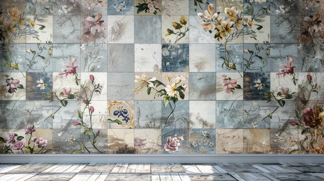 Vintage floral patchwork tiles on worn cement wall background