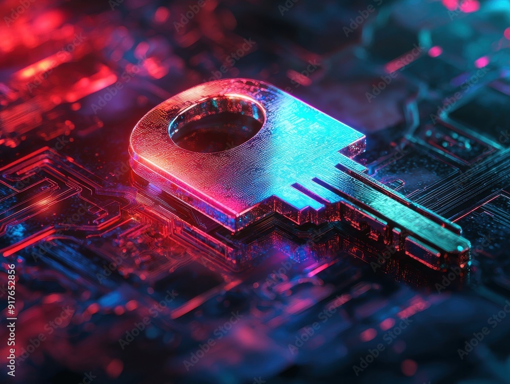 Poster a vibrant digital key resting on a circuit board, illuminated in neon colors, representing security 