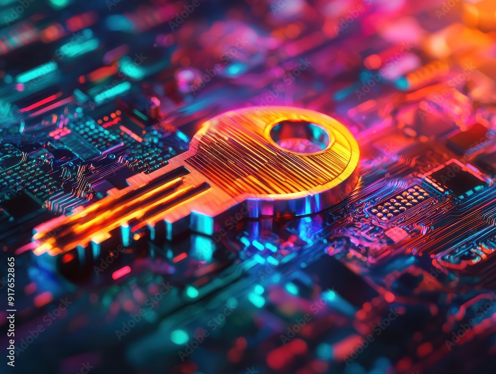Poster a vibrant digital key symbolizing security and technology, set against a colorful circuit board back