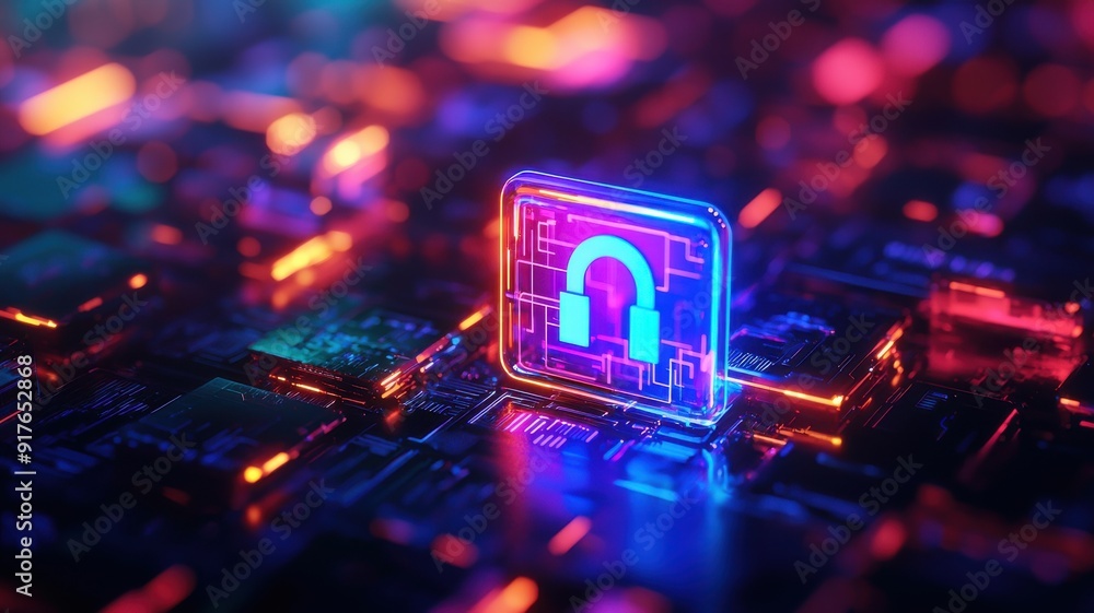 Poster a vibrant digital lock icon glows amidst a backdrop of abstract circuitry, symbolizing cybersecurity