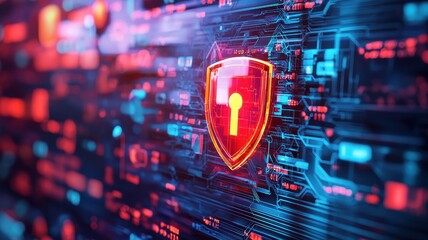 Fototapeta premium A vibrant digital security shield symbolizing protection against cyber threats in a technological environment.