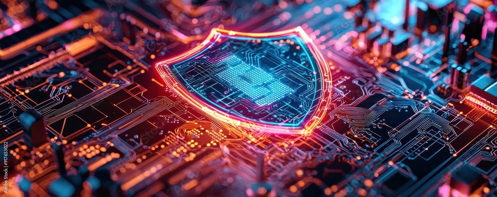 Poster a vibrant digital shield icon shines on a complex circuit board, symbolizing cybersecurity and prote