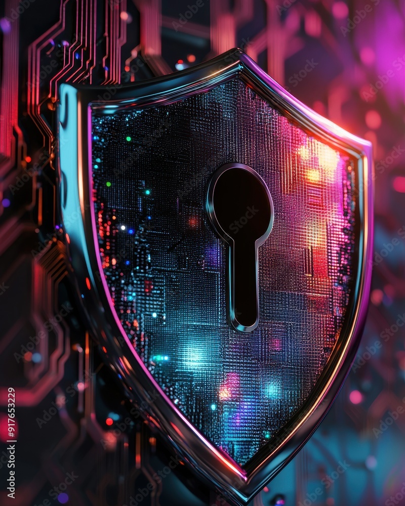 Poster a vibrant digital shield symbolizing cybersecurity, featuring a keyhole and circuit patterns in colo