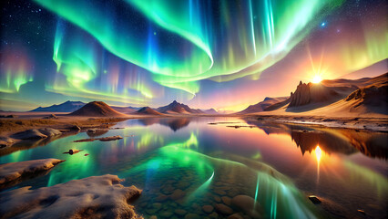 An imaginary view of a planet with a breathtaking view of the Aurora Borealis, a natural light show, set against a tranquil lake at sunset