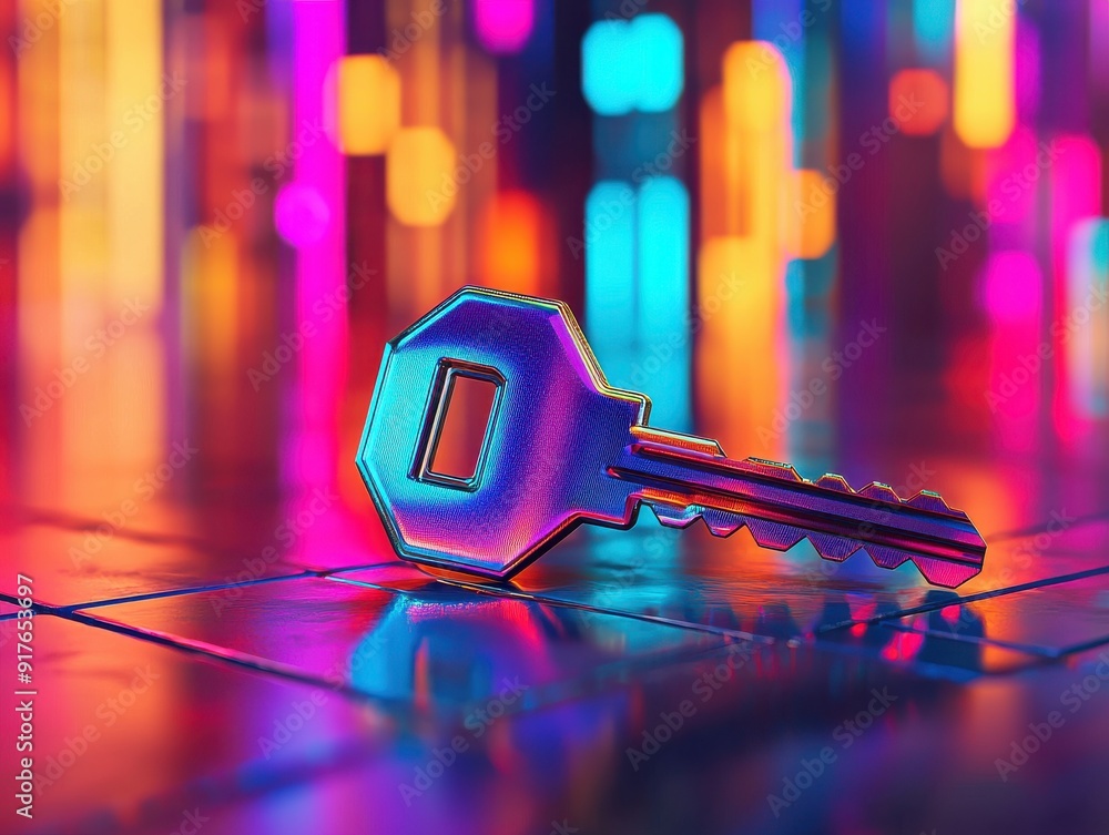 Poster a vibrant, illuminated key rests on a reflective surface, showcasing colorful light patterns in a mo