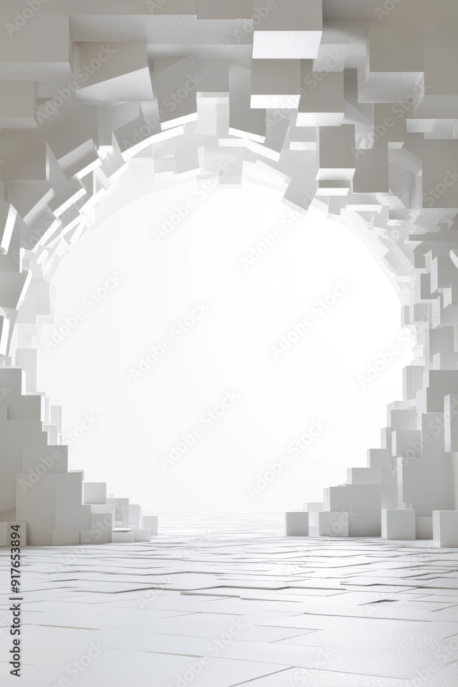 Poster abstract architectural design featuring a white circular passage with 3d block structures creating a