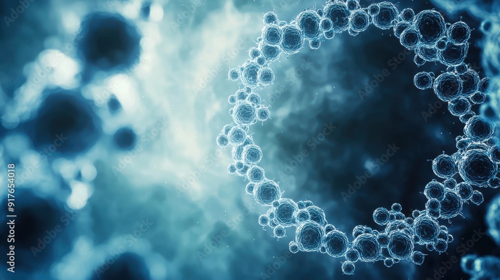 Poster abstract close-up of molecular structures with a blue color scheme, ideal for themes of science, tec