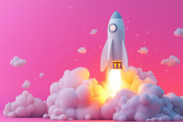 Fototapeta premium 3D Rocket Launch Illustration This image, with its bright colors and stylishly designed clouds, can be a great representation for themes like startup culture, innovation, or progress.