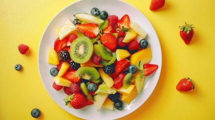 Plate with mixed fruit salad on yellow background summer diet food concepts