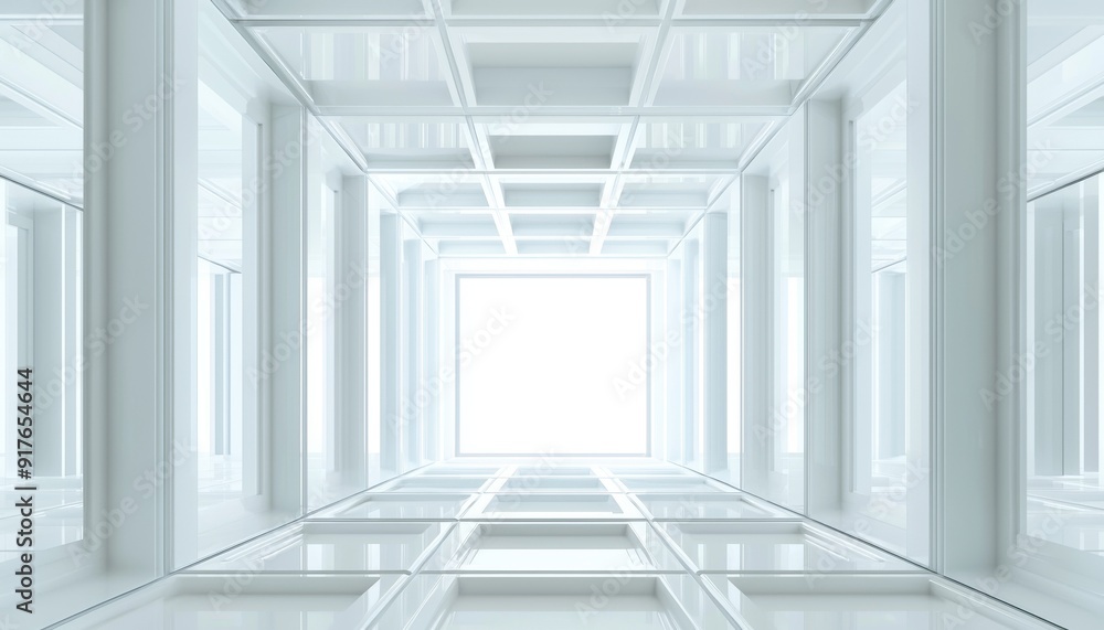 Poster Abstract view of a bright, empty corridor with reflective surfaces creating a sense of depth and openness.