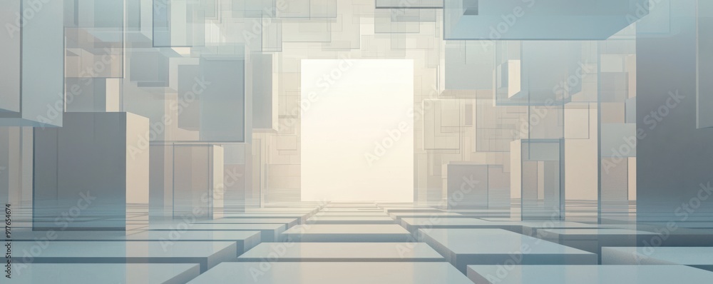 Poster an abstract composition of translucent cubes creating a serene pathway towards a bright horizon, ide