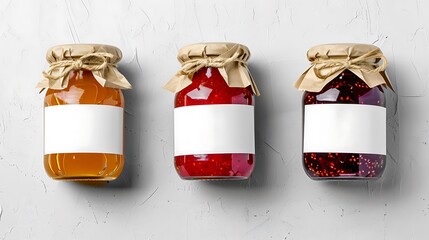 Three Jars of Homemade Jam on a White Textured Background