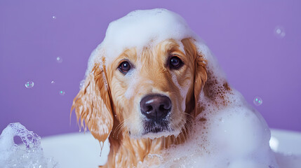 Dog grooming bath Golden Retriever in Bath Covered with Soap Bubbles on Purple Background