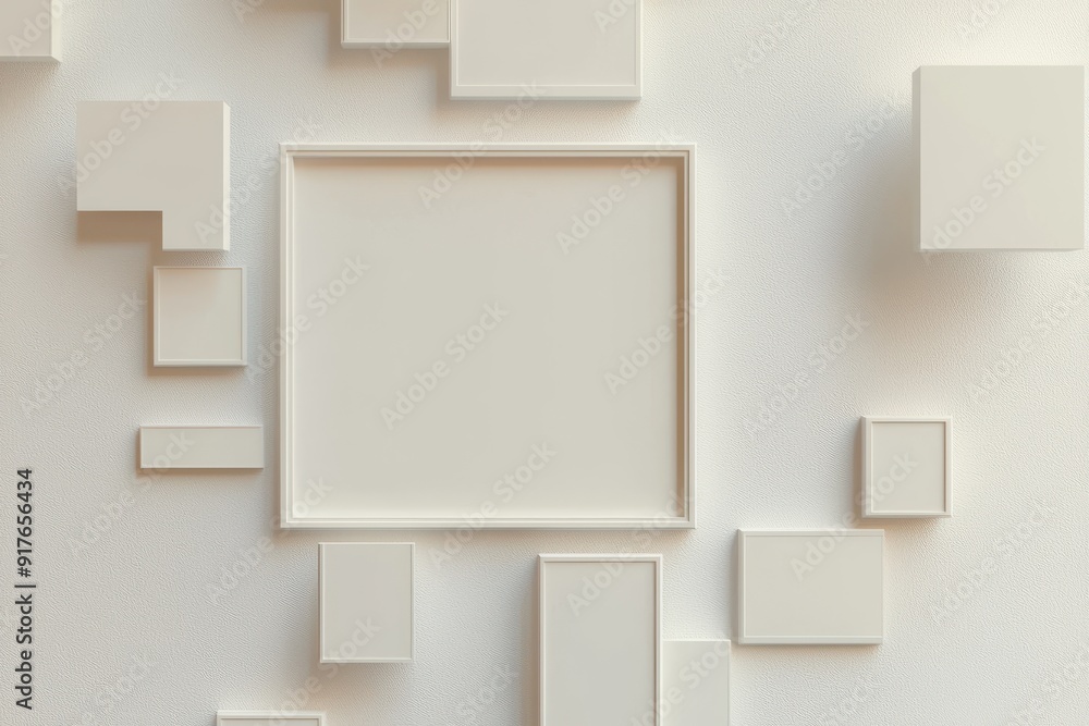 Poster minimalist wall displays empty frames in various sizes, ideal for showcasing art or photography in a