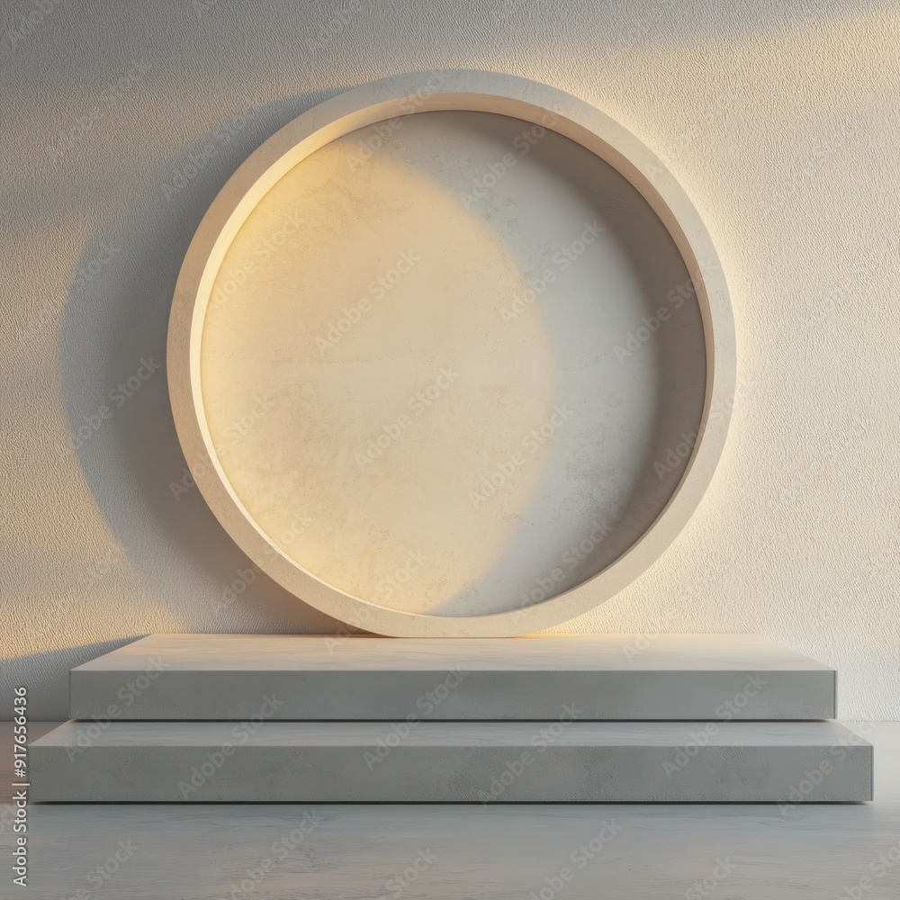 Poster minimalist design featuring a circular frame and square pedestal, creating a serene and modern aesth
