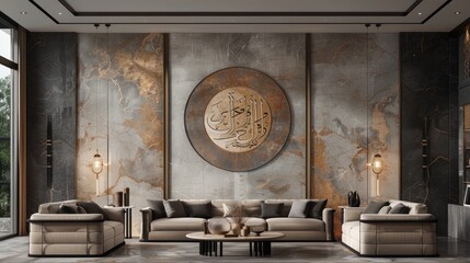 Luxury Living Room Interior with Arabic Calligraphy Art