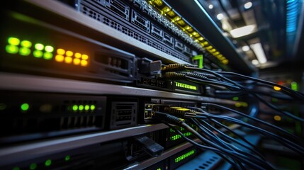 Naklejka premium Network hardware. Telecommunication technologies. Server room. Modem with fiber optic cables. Router in server room. Hosting equipment. Internet