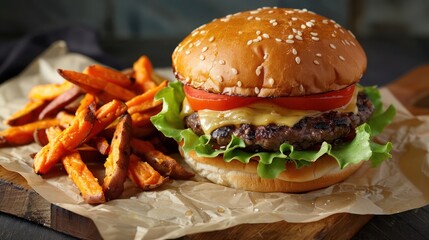 a classic cheeseburger with lettuce and tomato, served with sweet potato fries.