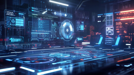 Obraz premium futuristic digital technology data management system augmented reality interface with floating holographic displays, interactive icons, and layered information panels, tech wallpaper background 