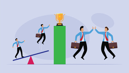 Reach for the goal, Teamwork or support to achieve business success, partnership or manager 2d flat vector illustration