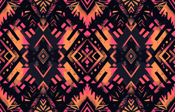 Abstract geometric pattern with a symmetrical design and a dark background featuring vibrant colors like pink orange and black This design is perfect for various applications like textile printing fas