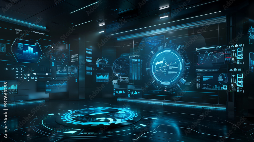 Poster futuristic digital technology data management system augmented reality interface with floating holog