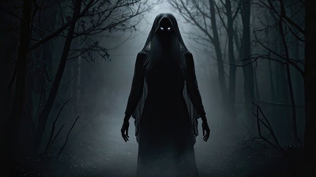 Sinister hooded ghost with glowing eyes in dark forest, eerie supernatural phantom in misty woods, terrifying horror figure for halloween concept