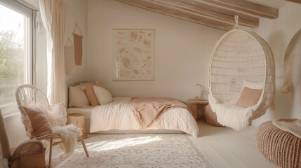 Interior design with cozy room with wooden floor, white walls and wool blanket on bed and hanging cocoon swing