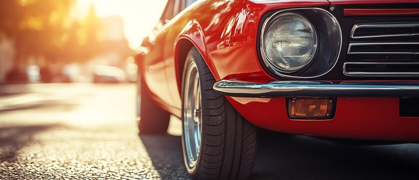 Vintage sports car from the 1970s, with sleek lines and a polished chrome bumper, gleaming under warm sunlight, ready for a thrilling drive