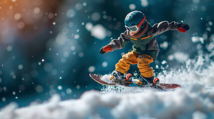 Diorama of a Snowboarder Gliding Downhill at Full Speed