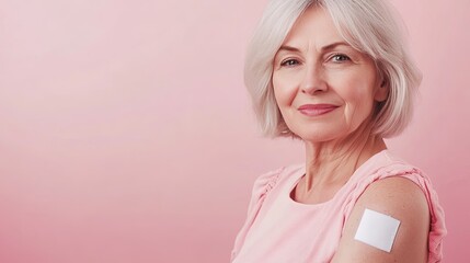senior female showing arm with patch after vaccination from COVID 