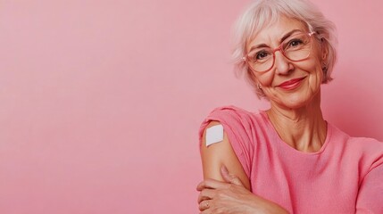 senior female showing arm with patch after vaccination from COVID 