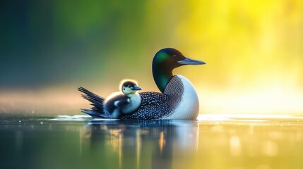 Fototapeta premium Loon and Chick on a Sunny Morning