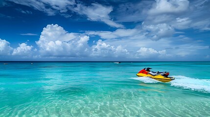 Red and yellow jetski on caribbean sea saturated color