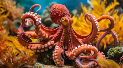 Obraz premium Red Octopus Roaming Around Corals