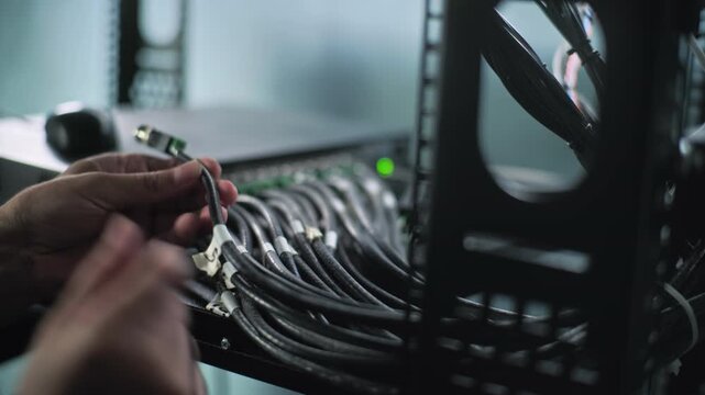 Close up of system administrator connecting cables with server rack, working in server room. Maintenance of LAN or web servers. Operation of information systems and networks. Data storage center.