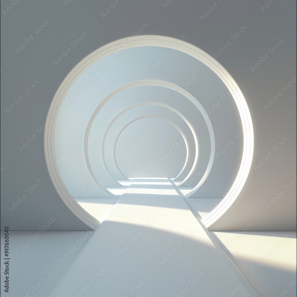 Poster a modern, minimalistic tunnel with circular arches and soft lighting, creating a serene and spacious