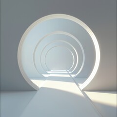 Obraz premium A modern, minimalistic tunnel with circular arches and soft lighting, creating a serene and spacious atmosphere.