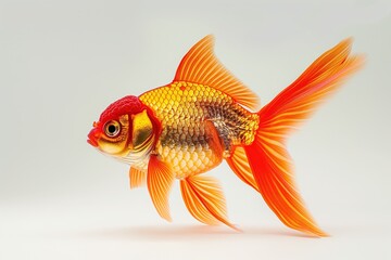 Fototapeta premium A vibrant goldfish with orange and yellow scales and fins, isolated on a white background.