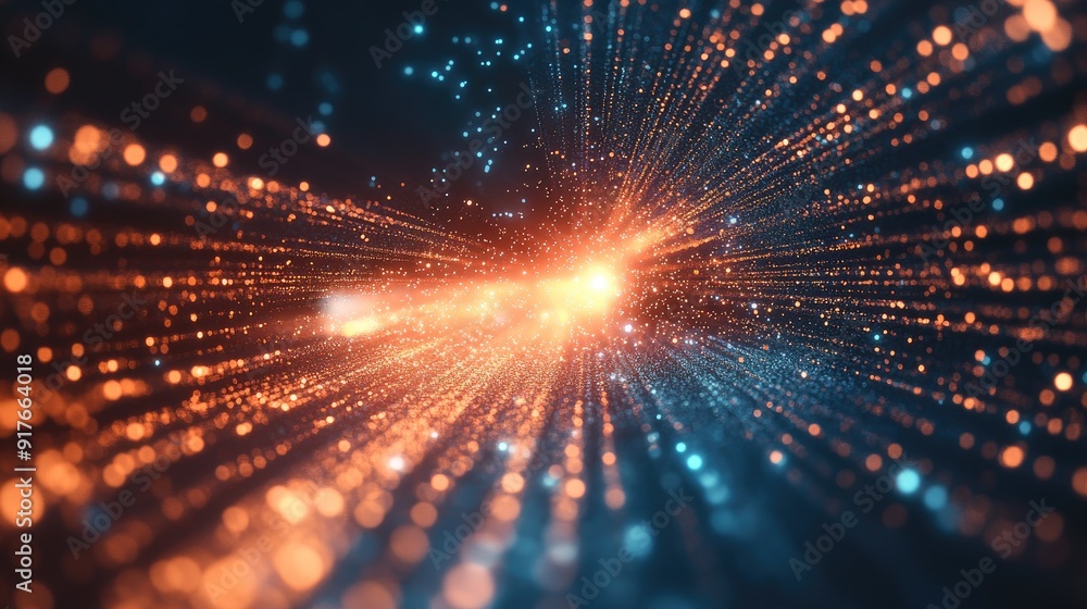 Poster abstract digital background with glowing particles and light trails, suitable for tech and futuristi