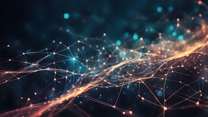 Fototapeta premium An abstract illustration showcasing interconnected nodes and glowing lines, symbolizing data transmission and neural network structures in technology.