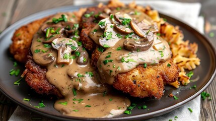 Plate of traditional schnitzel with mushroom sauce. Generative Ai