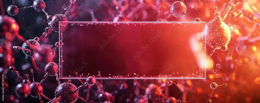 Poster abstract representation of molecular structures with vibrant colors and space for text. ideal for sc