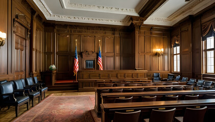 Interior of American courtroom with wooden table chair and usa flag modern and traditional elements, including a polished judge's bench and vintage legal documents against a backdrop of subdued light