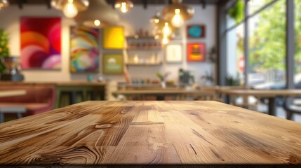Light wood table top with blurred coffee shop background, contemporary decor with colorful art and soft pendant lighting. Chic and vibrant cafe environment.