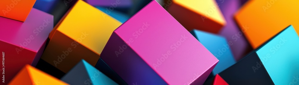 Poster colorful geometric shapes stacked together, creating an abstract and vibrant background with sharp e