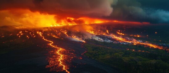Aerial View of Fiery Volcano Eruption