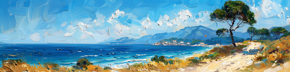 impressionist oil painting, landscape with island and coast, palette knife texture. Design for Wall Art, Poster Print, Wallpaper & Background